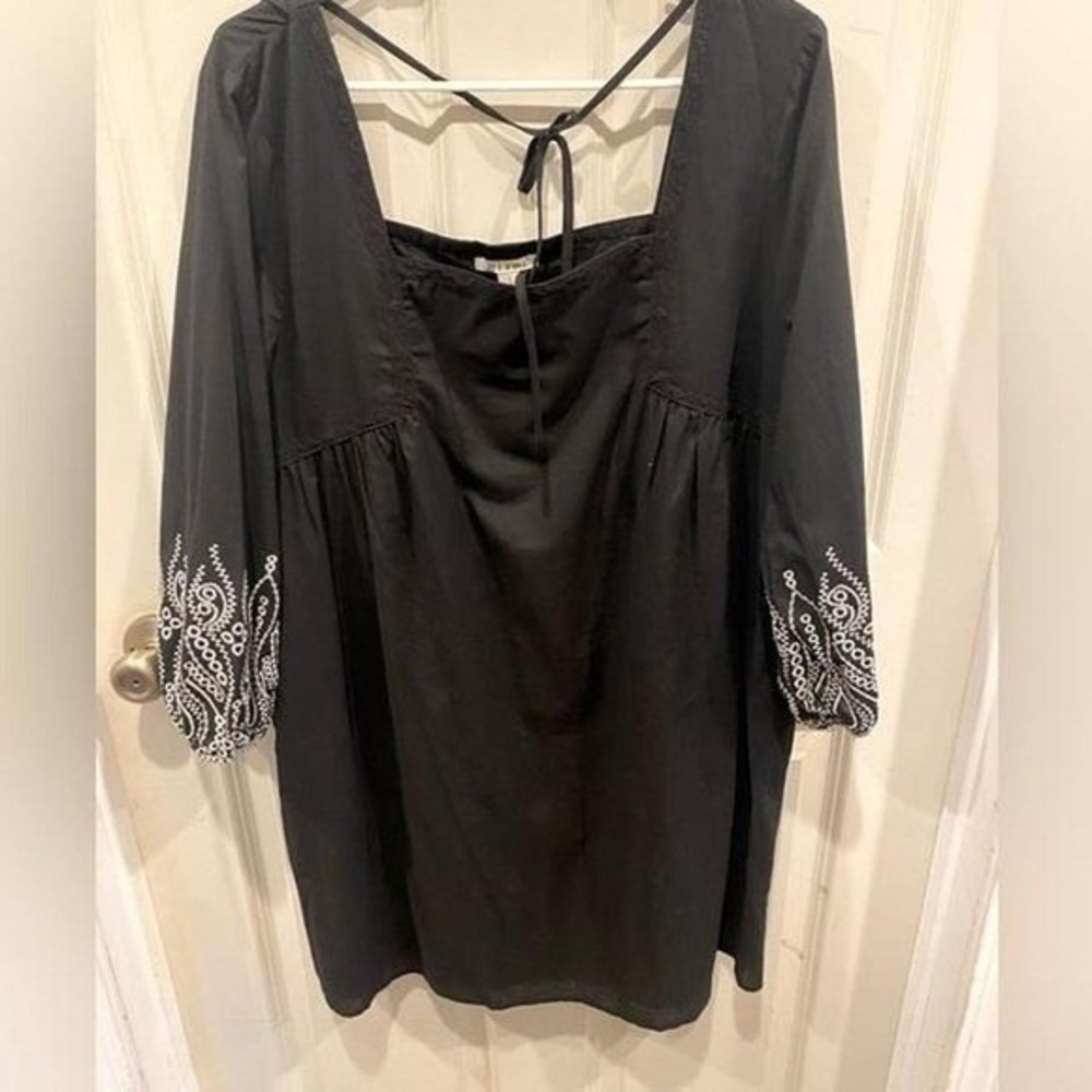 Mi Ami Women Black Embroidered Boho Babydoll Dress Square Neck Cotton‎ Large